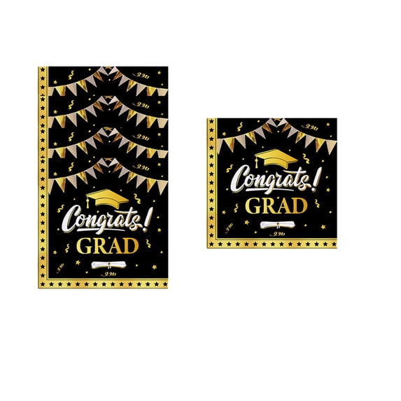 Graduation Party Supplies Kit - 16-Pack Black Tableware Set Disposable Plates Cups Cutlery Banner Tablecloth for Campus Celebration