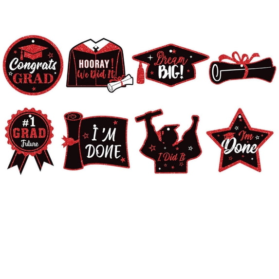 Graduation Party Supplies RedandBlack, Glittered 2D Ornaments, Graduation Photo Banner, Class Of2026Event, 8 Pc Set