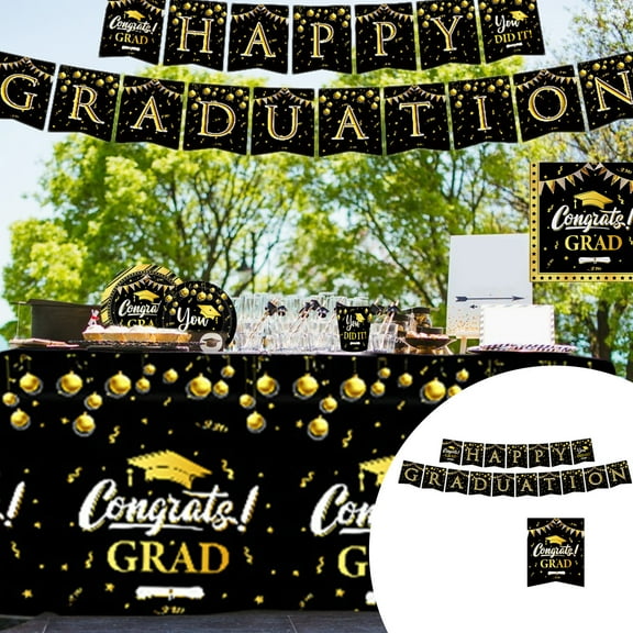 Graduation Party Supplies - Serves 16, Black and Gold Party Decorations, Congrats Grad Plates and Napkins You Did It Cups Class of 2026 Tablecloth Disposable Knives Forks Spoons Dinnerware Sets