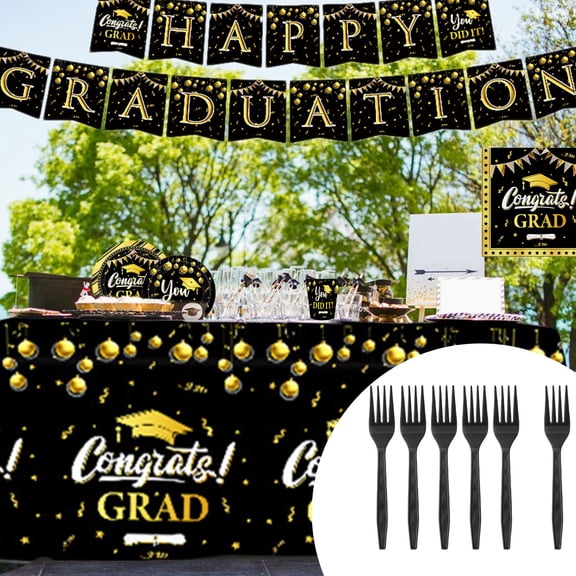 Graduation Party Supplies - Serves 16, Black and Gold Party Decorations, Congrats Grad Plates and Napkins You Did It Cups Class of 2026 Tablecloth Disposable Knives Forks Spoons Dinnerware Sets