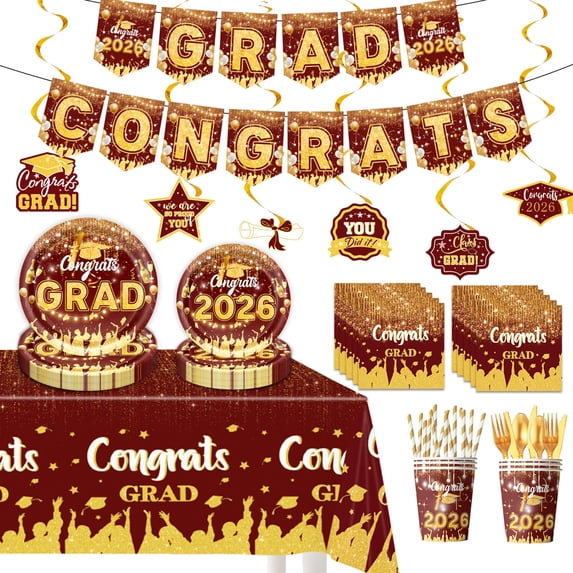 Graduation Party Supply Kit, 50+ Pieces with Black and Gold Designs, Everything Needed for Celebration