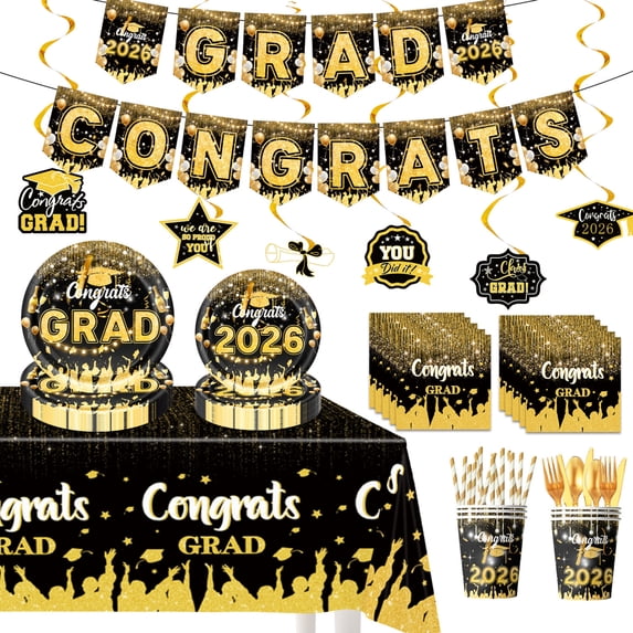 Graduation Party Supply Kit, 50+ Pieces with Black and Gold Designs, Everything Needed for Celebration