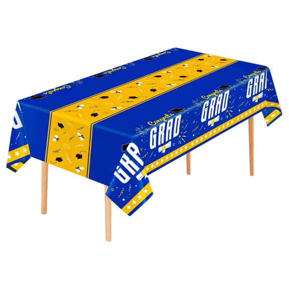 Graduation Party Tablecloth - Blue Congrats Grad Design with Star, Diploma & Cap Patterns, 54x108 Inch Disposable Table Cover for High School, College Graduation Celebrations, Indoor Outdoor Events