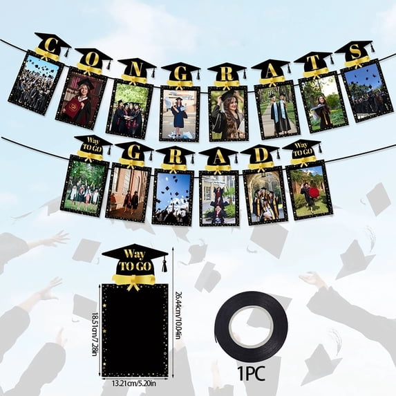Graduation Photo Banner Set, Black & Gold Congrats Grad Photo Frame Garland with 10m Ribbon, Graduation Party Decorations for Classroom & Home