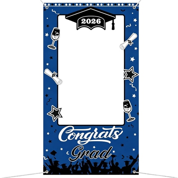 Graduation Photo Booth Prop Class of 2026 Congrats Grad Party Backdrop Blue and Black Fabric Frame Banner for High School and College Graduation Party Decorations