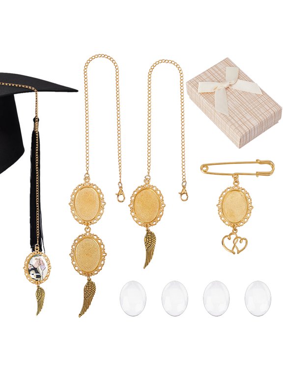 Graduation Photo Charm Set Memorial Tassel with Angel Wings Personalized Keepsake with Glass Cabochons for DIY