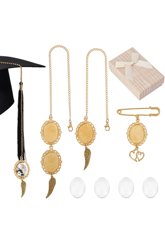 Graduation Photo Charm Set Memorial Tassel with Angel Wings Personalized Keepsake with Glass Cabochons for DIY