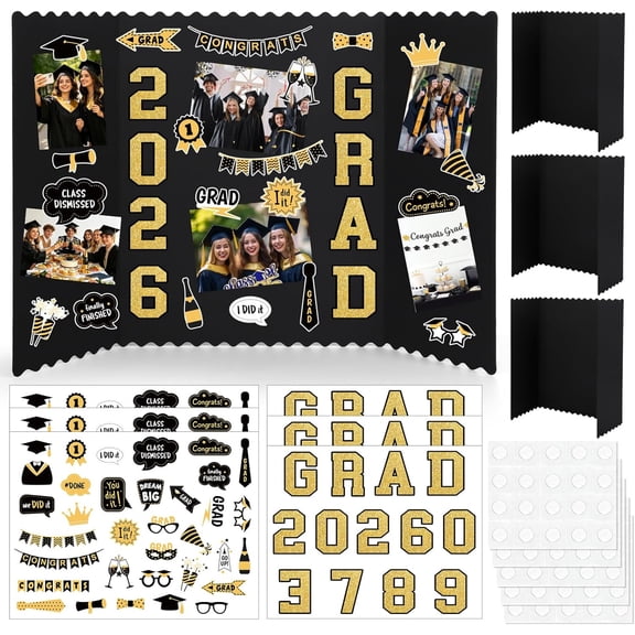 Graduation Photo Display Board 2026 Black Trifold Poster Board with Stickers Graduation Decorations for Graduation Party Pictures Display Graduation Photo Frames for Multiple Pictures 16x24 in 3 Set