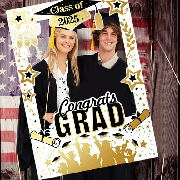 Graduation Photo Frame, Class of 2025 Graduation Party Decoration, Congrats Grad Frame and Grad Photo Props with Sticks for Boys Girls Graduation Party Favor Supplies Decoration(Gold,26.8x18.9in)