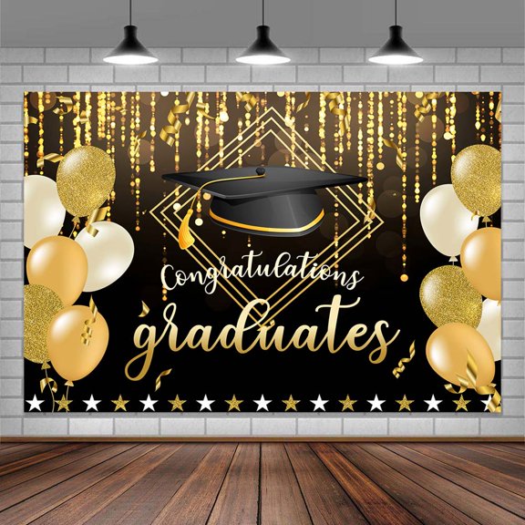 Graduation Photography Backdrop Banner,Black and Gold Graduation Balloons Backdrops,Graduation Party Background Decorations Class of 2024 6X4FT