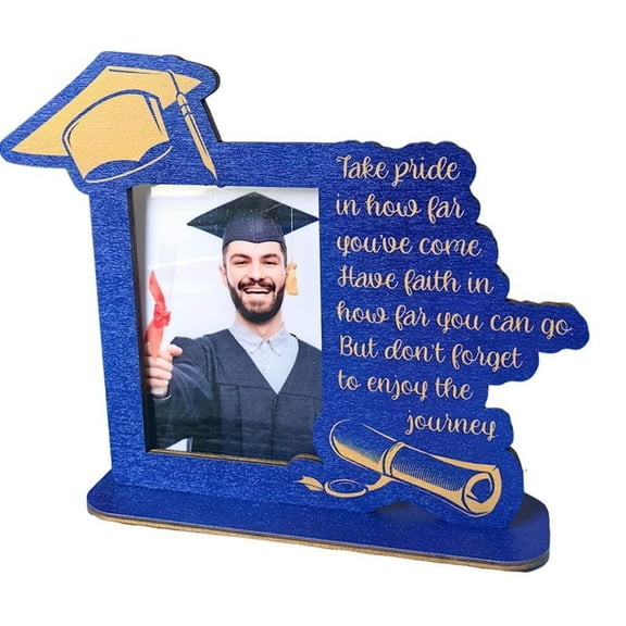 Graduation Picture Frame, Wooden Graduation Photo Frame with Blessing Words & Graduation Cap Pattern Grad Frame Graduation Picture Display Holder (Blue)