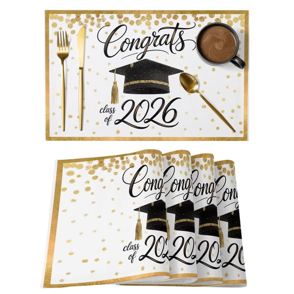 Graduation Placemats Set of 2 Golden Abstract Polka Dot Graduation Cap Place Mats Indoor Wipeable Table Mats Washable Cloth Dining Table Placemats for Kitchen Holiday Party Home Decor 13x19 Inch