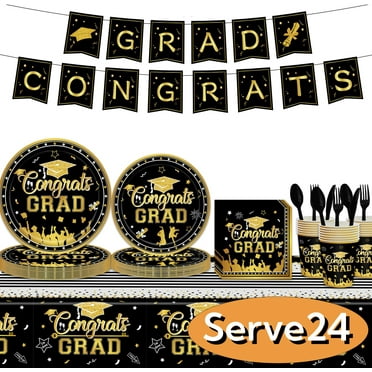 Graduation Plates Graduation Party Decoration Supplies 2025 Congratulations Banner Paper Disposable Tableware Tablecloth Serves 24 Black