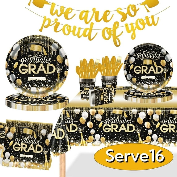 Graduation Plates Party Supplies Decoration 2025 Graduation Tableware Included Banner, Paper Plates, Tablecloth, Cutlery, Congrats Grad Decorations Serves 16 Black