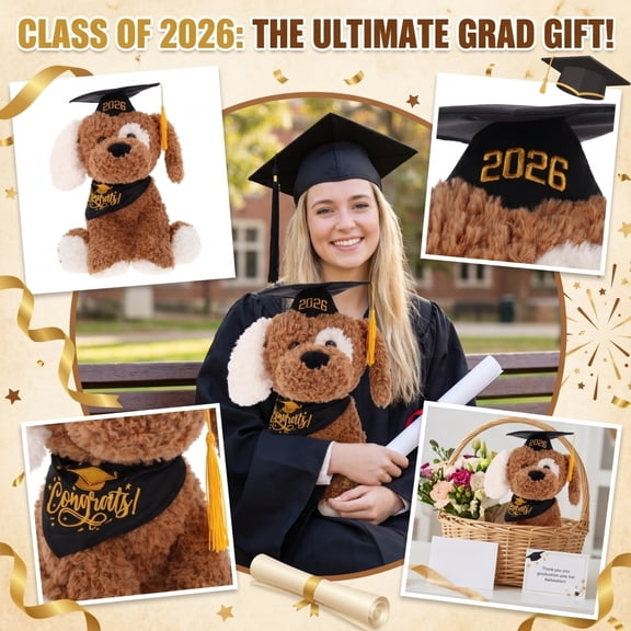 Graduation Plush Dog Toy with 2026 Cap and Congrats Scarf Soft Stuffed Animal for Graduation Gift Keepsake Collectible School Ceremony Present