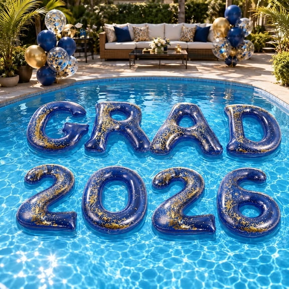 Graduation Pool Party Decorations Grad 2026 Pool Floats Gold Glitter Inflatable Floating Letter Number PVC 20x15 Inch for Congrats Class of 2026 Photo Prop Decor Navy Blue