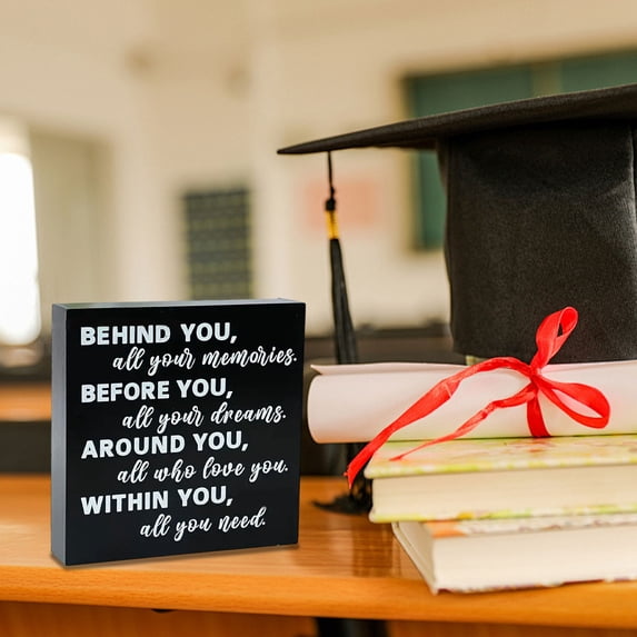 Graduation Quote Wood Box Sign Decor, Positive Message Desk Sign "Behind You All Your Memories", Rustic Home Shelf Wall Decoration
