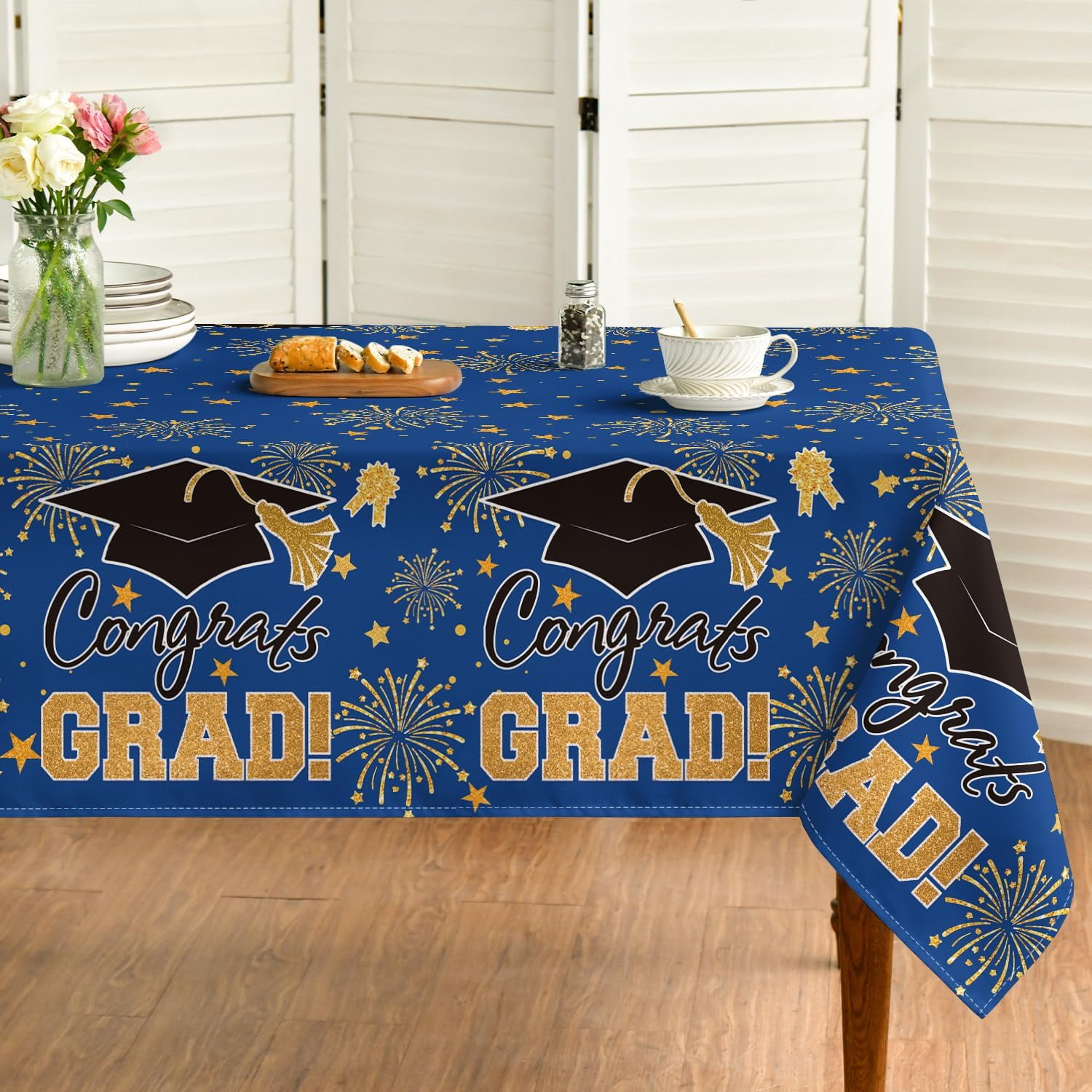 Graduation Rectangular Tablecloth 60×84 Inch, Blue Gold Bachelor Grad Cap Washable Table Cover for Party Picnic Dinner Decor