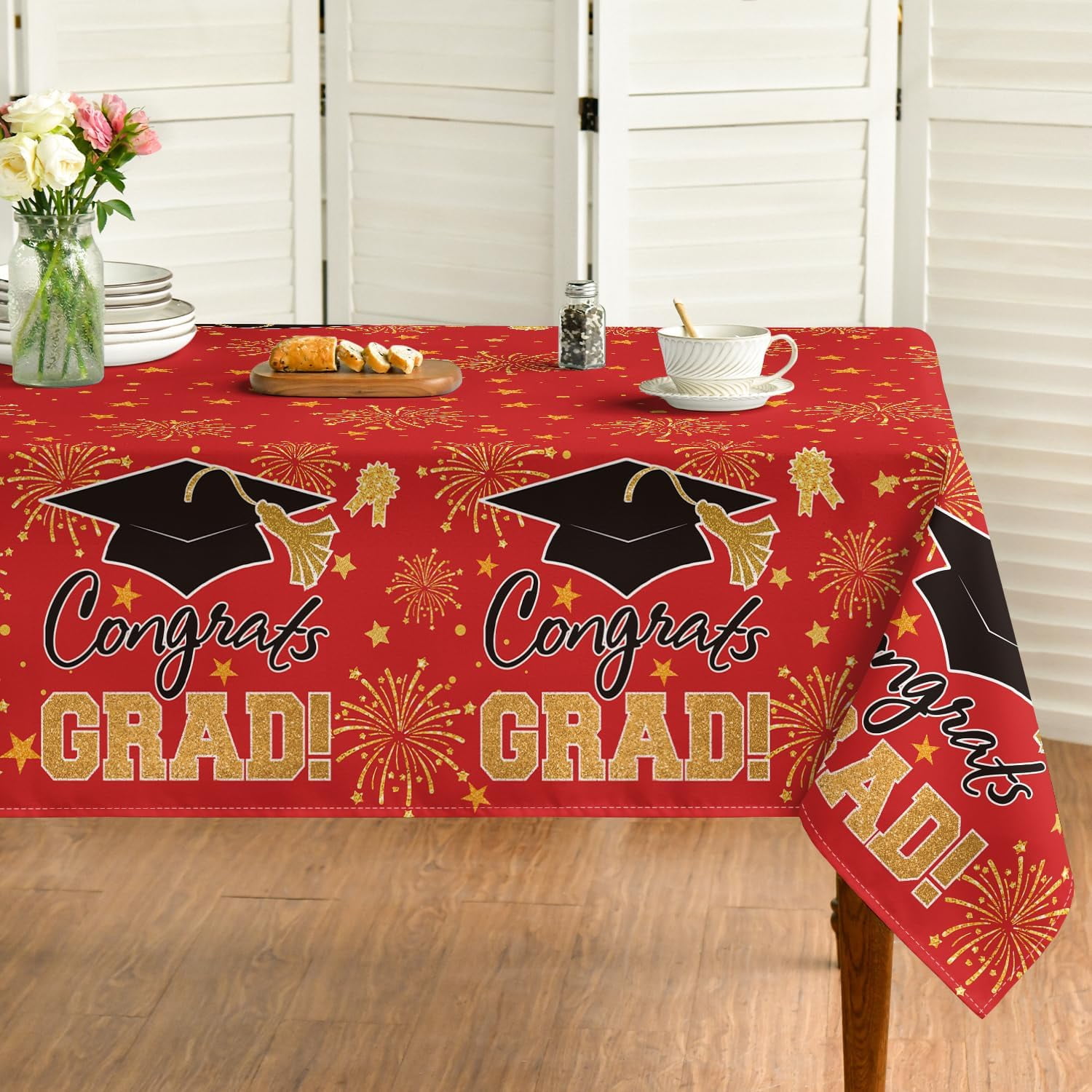 Graduation Rectangular Tablecloth 60×84 Inch, Red Gold Bachelor Grad Cap Washable Table Cover for Party Picnic Dinner Decor