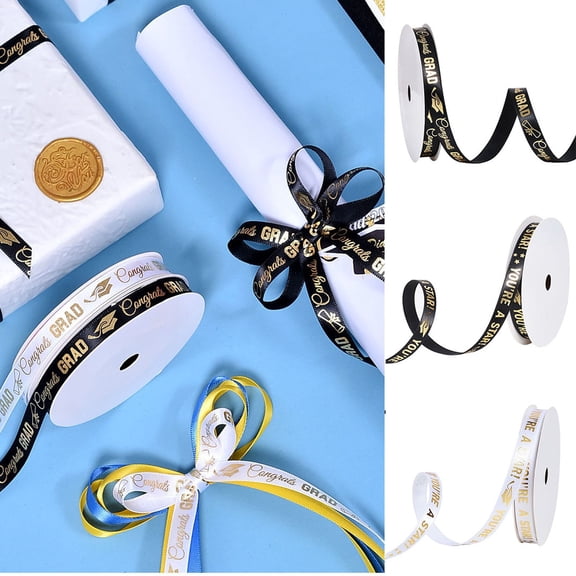 Graduation Ribbon 0.35 Inch Wide, Congrats Grad Gold Satin Ribbon for Gift Wrapping Class of 2026 Graduation Party Decorations DIY Crafts