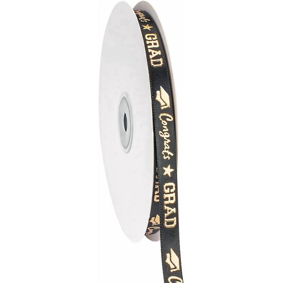 Graduation Ribbon,Congrats Grad White& Satin Ribbon Use for Wrapping,Graduation Party Decoration,3/8 Inches x 50 Yards (Black, 3/8 inch x 50 Yard)