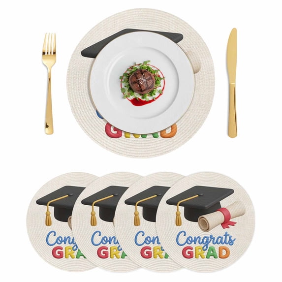 Graduation Round 13 Inch Placemats Set of 4, Grad Cartoon School on Linen HeatResistant Non Slip Place Mats for Dining Table, Wipeable Braided Kitchen Table Mats for Housewarming