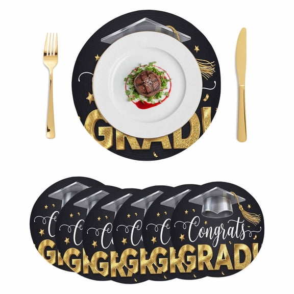 Graduation Round 15 Inch Placemats Set of 6, School Grad Gold Stars Black HeatResistant Non Slip Place Mats for Dining Table, Wipeable Braided Kitchen Table Mats for Housewarming