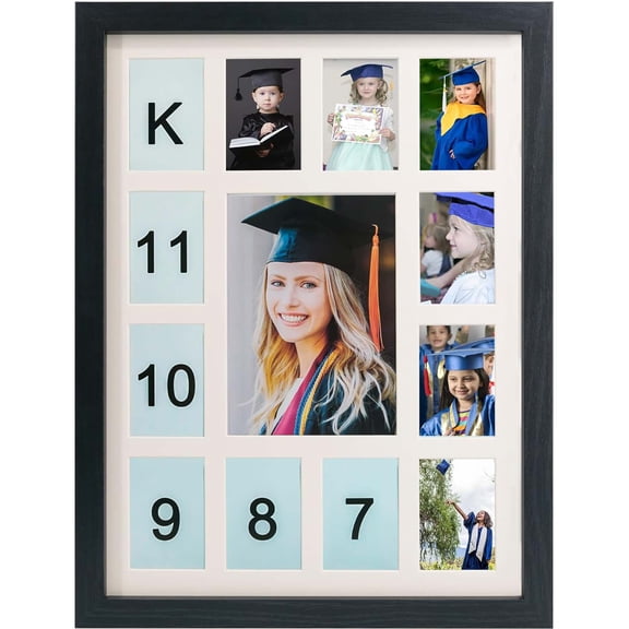 Graduation School Years K-12 Day Collage Wood with Double Mat Photo Frame Black/White