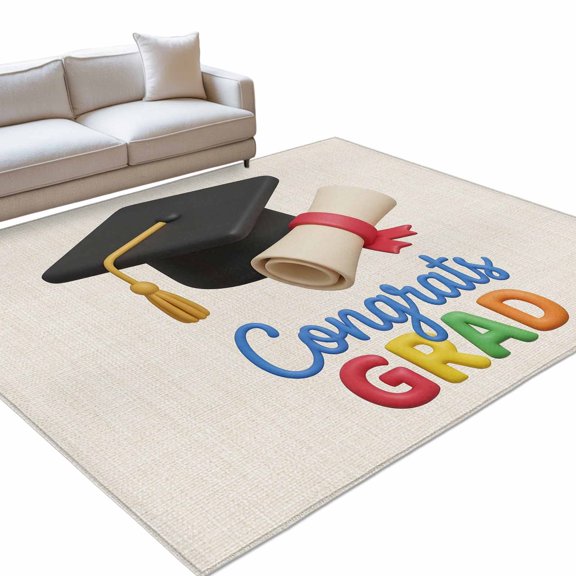 Graduation Season 8x10ft Non Slip Area Rug Bachelor Cap Vintage Rustic Student School Learn Washable Soft Area Rugs for Living Room, Indoor Circle Carpet for Bedroom Dining Room Kitchen