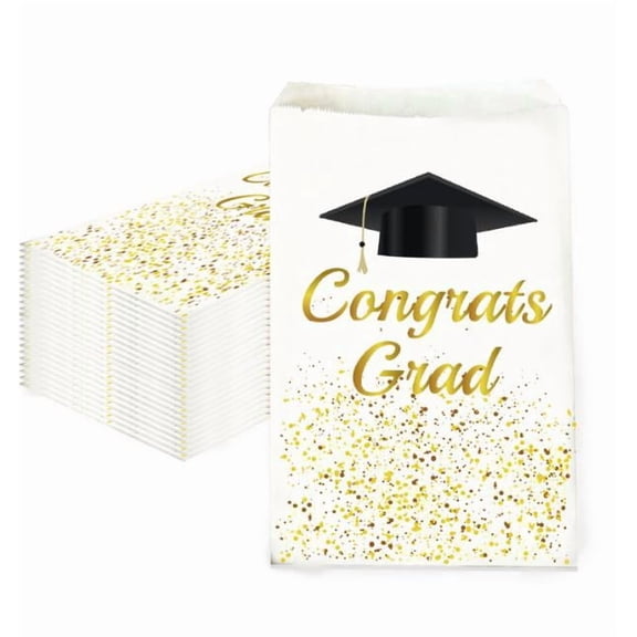 Graduation Season Gift Bags with "Congrats Grad" & Grad Cap Design, 10-Pack White Gold Confetti Paper Bags, Graduation Party Favor Bags for High School & College Graduates