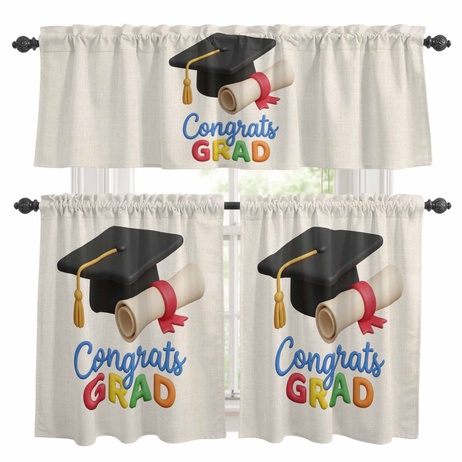 Grad Drapes Graduation Season Kitchen Curtains Valances and Tiers Set of 3 Bachelor ...