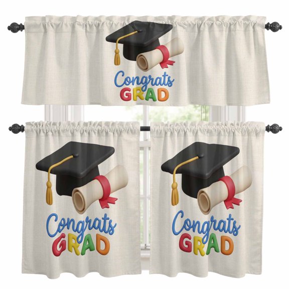 Graduation Season Kitchen Curtains Valances and Tiers Set of 3 Bachelor Cap Vintage Rustic Student School Learn Tier Curtains and Valance with Rod Pocket for Small Windows, 27.5"x24"