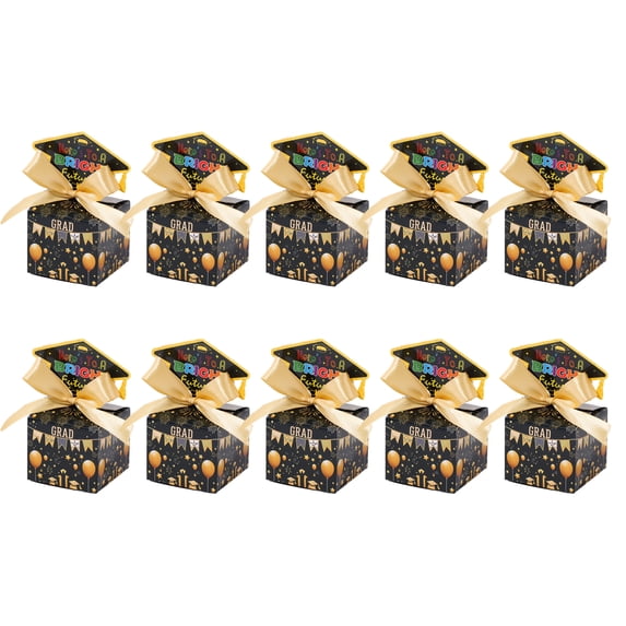 Graduation Season Party Candy Boxes, Graduation Attire Boxes with B Banner Design and Ribbons - 10 Boxes with 10 Ribbons Included, Perfect for Graduation Celebrations, Class Reunions, School Events
