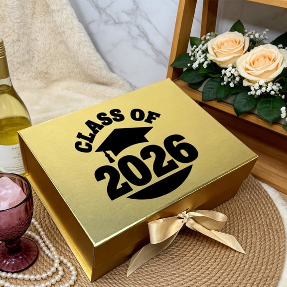 Graduation Season Printed Paper Gift Box with Magnetic Closure and Decorative Ribbon, 11.4×8.6×4.1 in & 8.6×6.3×3.3 in, Black White Pink Gold Navy Blue, Ideal Senior Grad Gift and Party Favor Box
