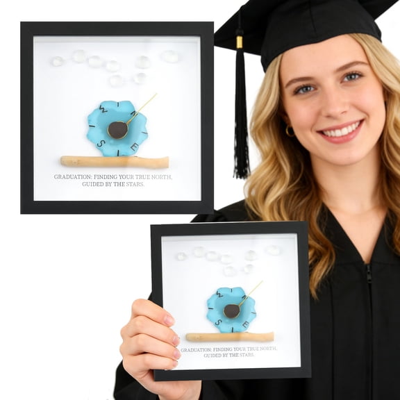 Graduation Season Sea Glass 3D Photo Frame Handmade Graduation Sea Glass Framed Art Compass Design with "Finding Your True North" Quote for Graduation Gift 1Pcs