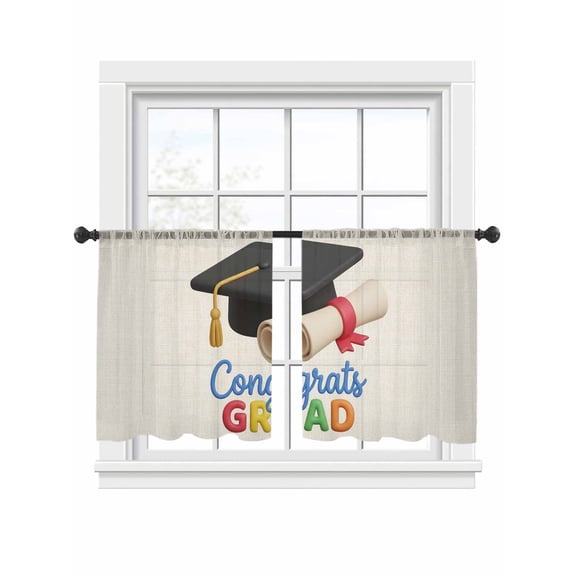 Graduation Season Sheer Curtains 2 Panels Set Bachelor Cap Vintage Rustic Student School Learn Sheer Window Curtains Light Filtering Rod Pocket Voile Drapes for Bedroom Living Room 52"x54"