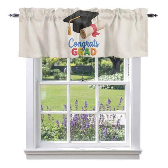 Graduation Season Valance Curtain Bachelor Cap Vintage Rustic Student School Learn Window Valances Rod Pocket Short Curtains Window Treatments for Kitchen Bedroom Bathroom Laundry 42" x 12"