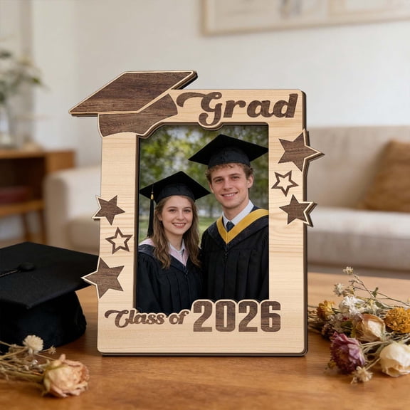 Graduation Season Wooden Craft Photo Frame, 2D Victory Graduation Design Decorative Display, Festive Souvenir and Gift Ornament for Graduation Celebration and Home Desktop Decor, 5.9*6.61in, Brown