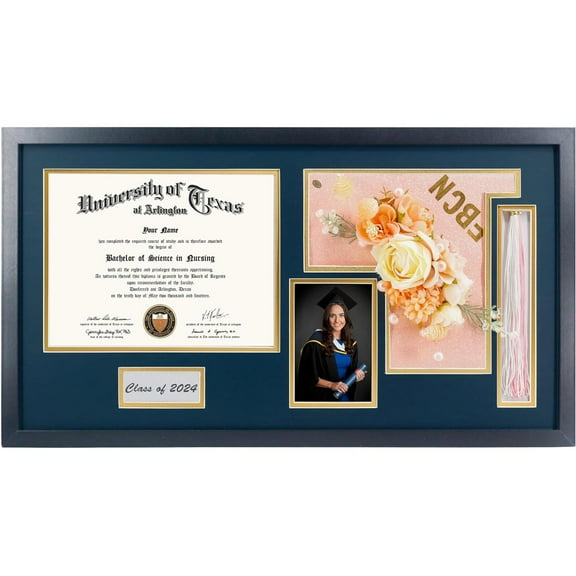 Graduation Shadow Box Frame Wood Display Case for Diploma & Photo with Graduation Cap & Tassel Holder Blue
