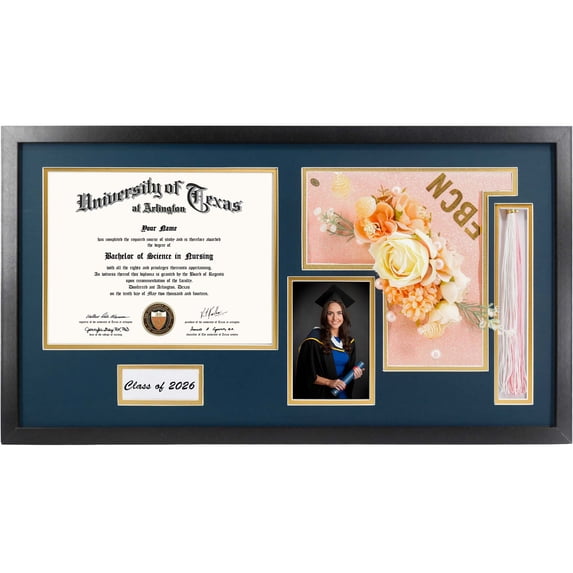 Graduation Shadow Box Frame Wood Display Case for Diploma & Photo with Graduation Cap & Tassel Holder Blue