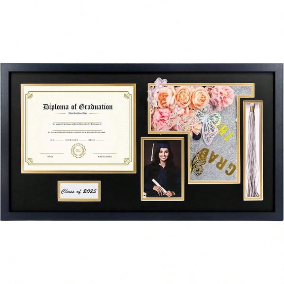 Graduation Shadow Box Frame for 8.5x11 Diploma 4x6 Photo with Graduation Cap Tassel Holder Class of 2025 Wood Display Case