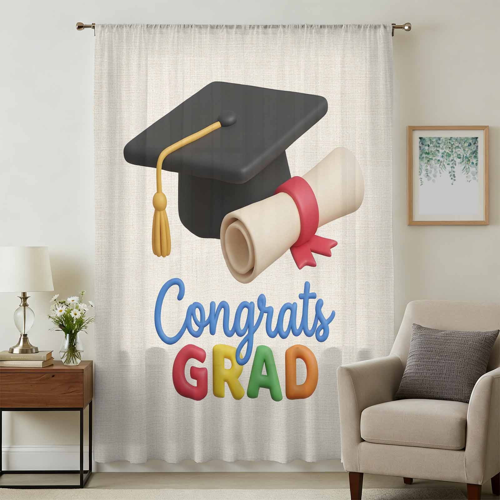 Grad Drapes Graduation Sheer Curtains 108 Inches Extra Long, Grad Cartoon School on ...