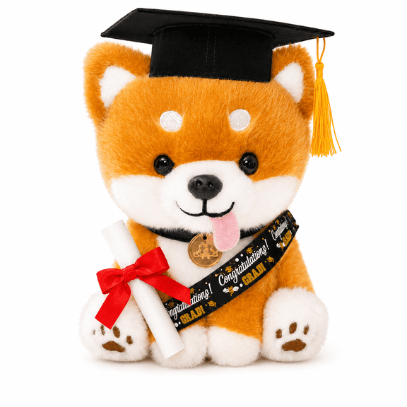 Graduation Shiba Inu Plush Toy with Cap, Tassel, Sash and Diploma, Cute Dog Stuffed Animal Graduation Gift, Soft Puppy Plush Doll for Graduation Party Decor, Class of 2026 Keepsake, Orange or Black