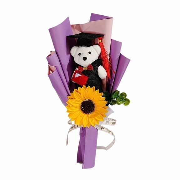 Graduation Simulation Flower Bouquet Sunflower Bear Figurines • Handmade Decorative Keepsake Arrangement • Versatile Gift for Celebrations, Anniversaries