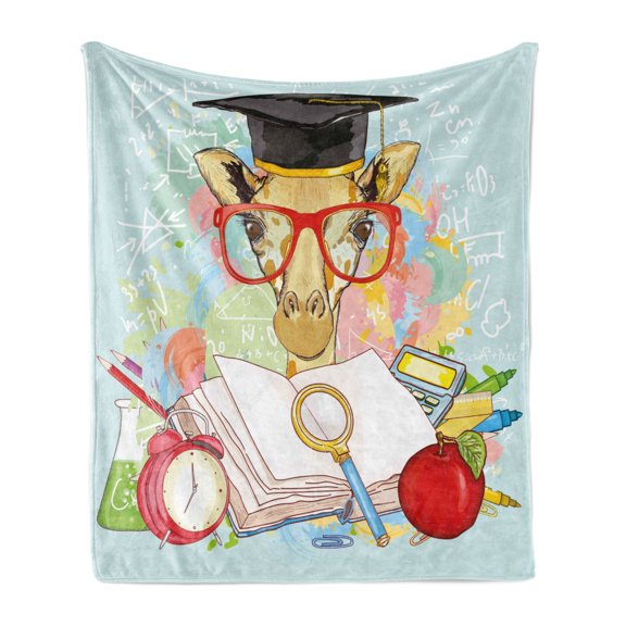 Graduation Soft Flannel Fleece Throw Blanket, Hipster Giraffe Animal Glasses and Cap Geek Student in Education School, Cozy Plush for Indoor and Outdoor Use, 50" x 60", Multicolor, by Ambesonne