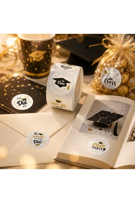 Graduation Sticker Roll, Black Gold Quote Label for Party Gift Envelope