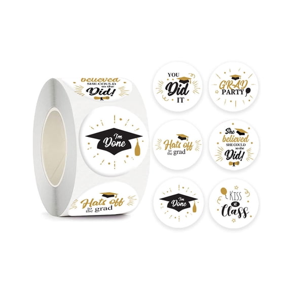 Graduation Stickers, Adhesive Seals 500pcs Roll Black Gold Grad Quote Round Labels for Graduation Party, Gift Wrapping, Campus Class Party, Ideal Gift for Graduates, Teachers and Him/Her Daughter Son