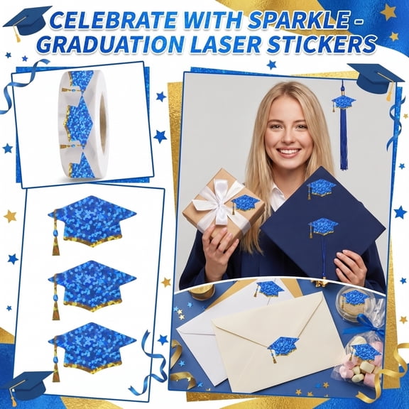 Graduation Stickers Roll, 500 Round Adhesive Labels with Graduation Cap Design for Gift Bags, Envelope Seals, Party Favors, Graduation Decorations and Celebration Supplies A