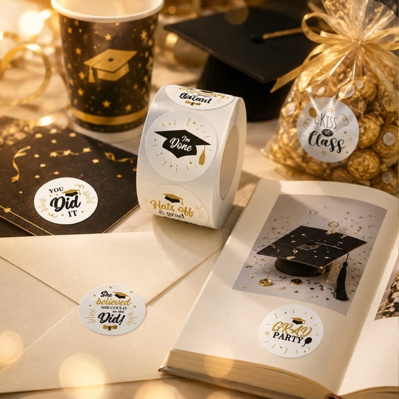 Graduation Stickers Roll, Black Gold Round Adhesive Paper Labels for Gift Envelopes, Candy Boxes and Party Favor Decoration, Graduation Quote Seal Stickers