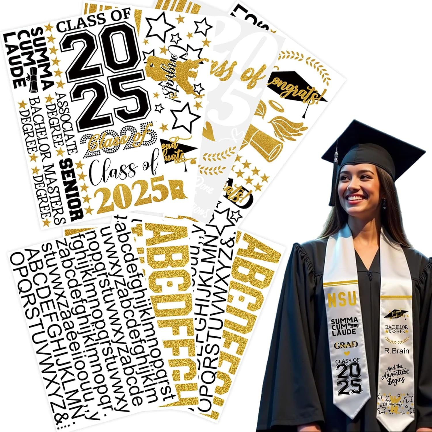 Senior 2026 Sash Iron-On Transfers – 8 Sheets With Caps, Numbers, Letters For DIY Graduation Stoles